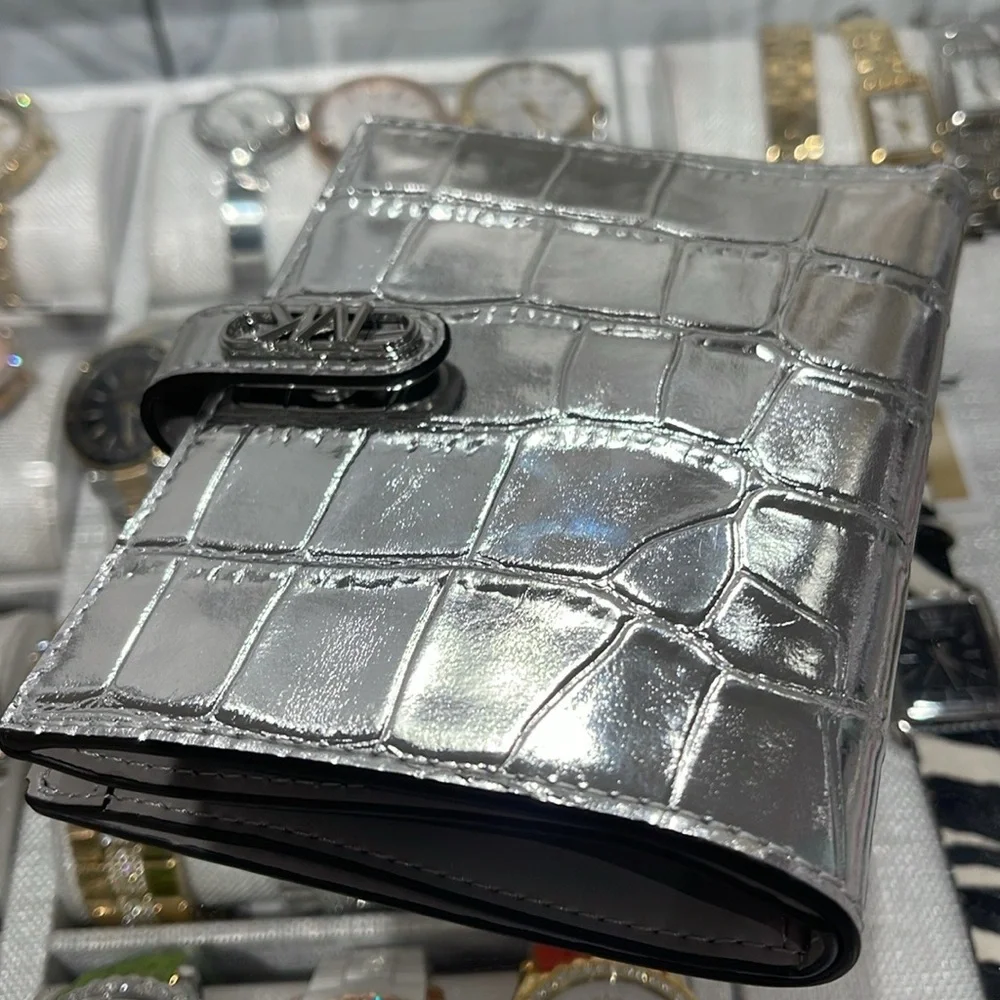 Michael Kors Empire Metallic Crocodile Embossed Leather Passport Wallet Silver